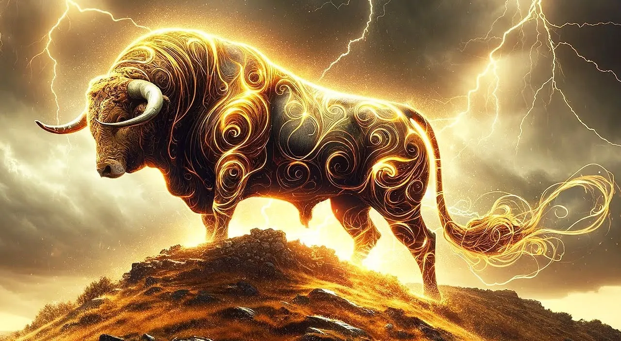 Create a golden bull with golden background, 8k, size of 1920x1080, colorful