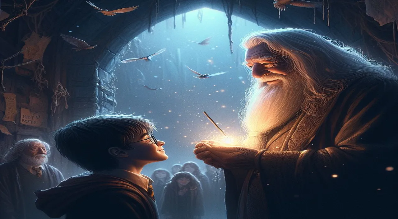 a painting of a wizard and a boy looking at each other