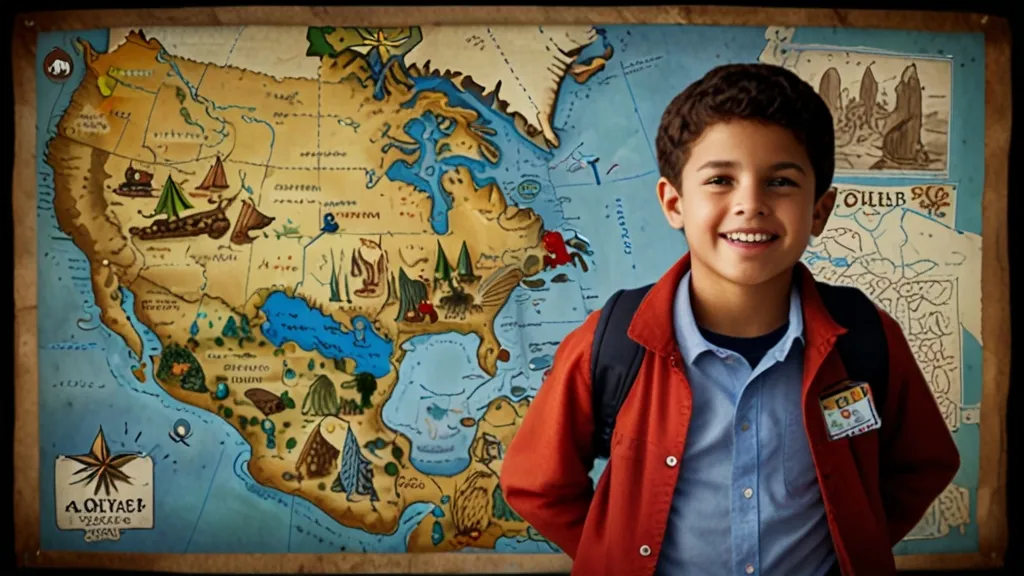 a young boy standing in front of a map