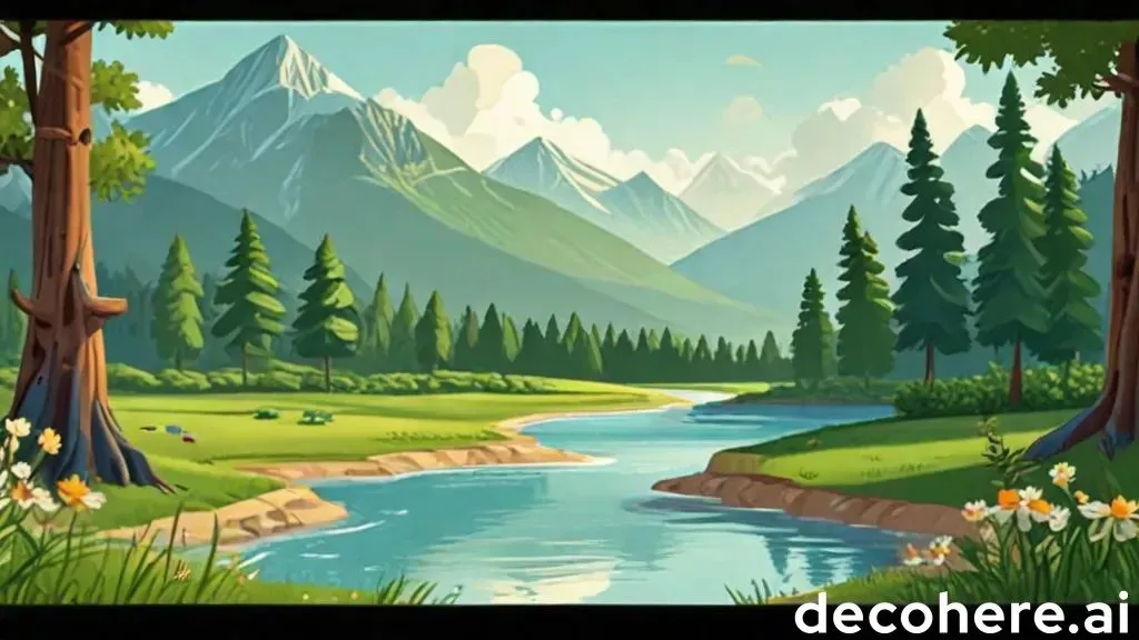 a painting of a beautiful mountain scene with a river