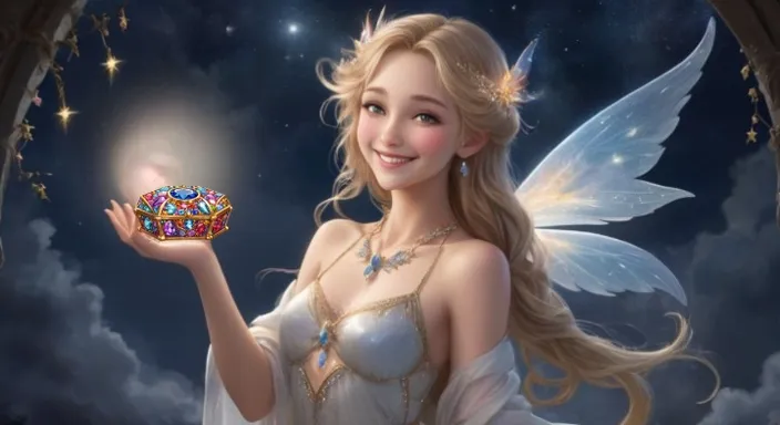 a fairy holding a colorful gems box in her hand