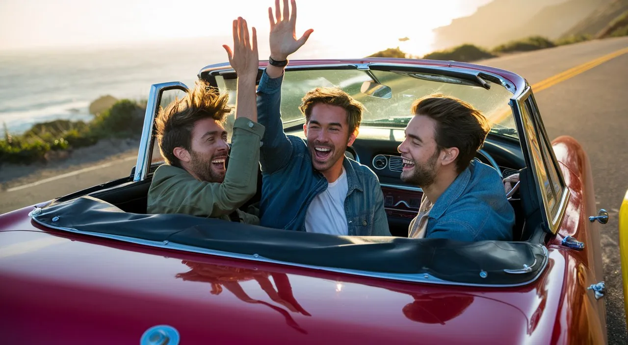 three men in a red convertible car waving