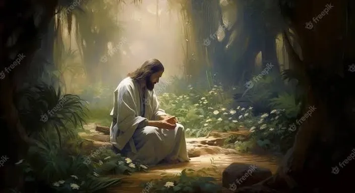 a painting of jesus sitting in a forest