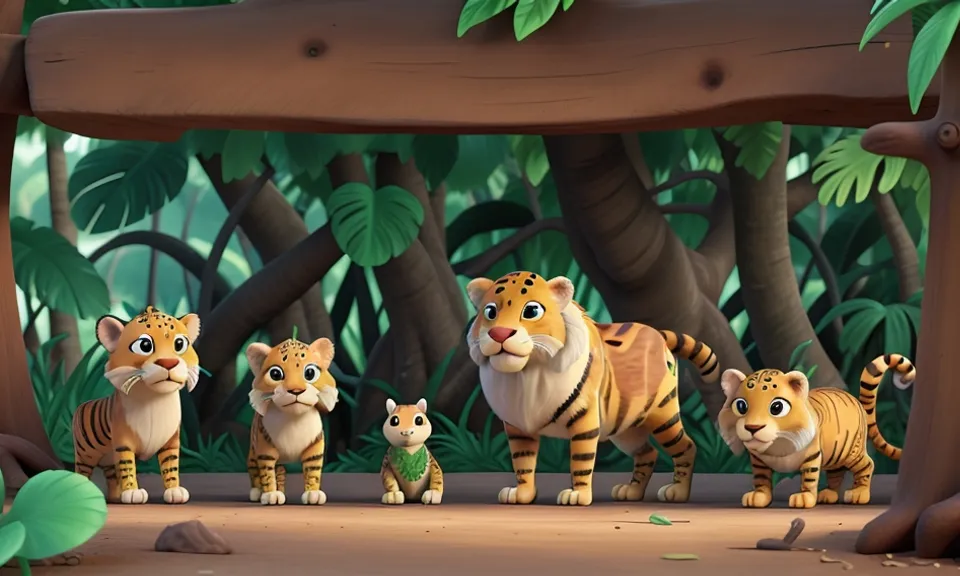 a group of tigers dancing across a forest 3d animation