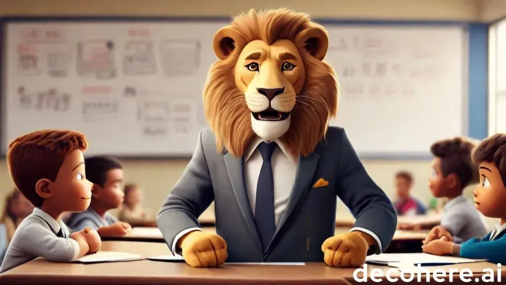 a lion in a suit sitting at a desk