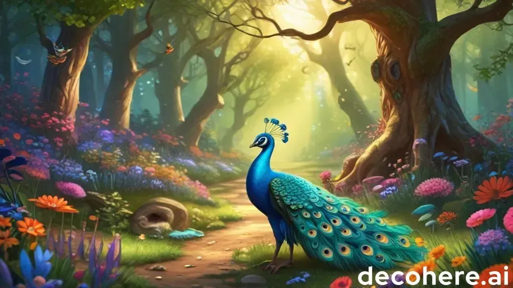 a painting of a peacock standing in the middle of a forest