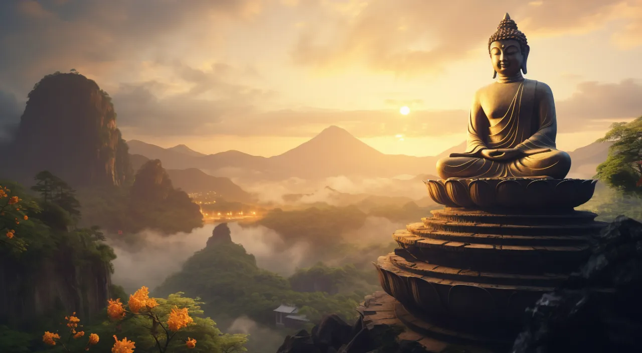 a buddha statue sitting on top of a mountain