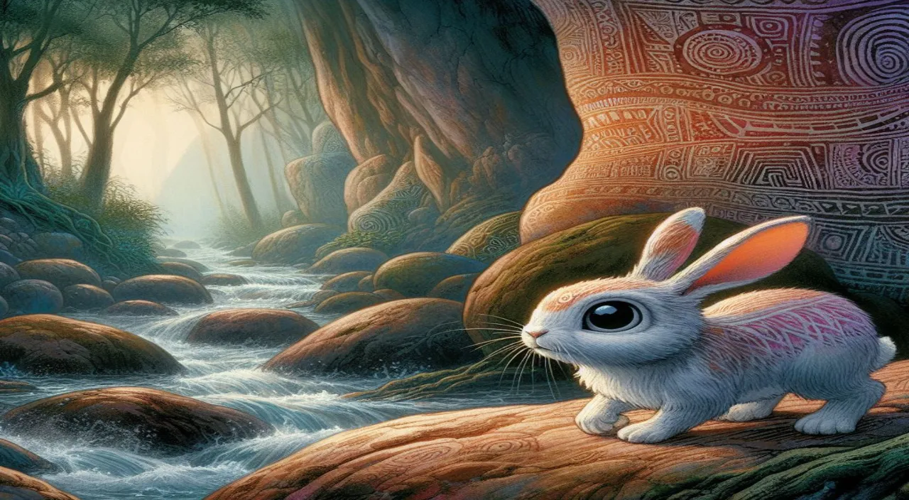 a painting of a white rabbit sitting on a rock