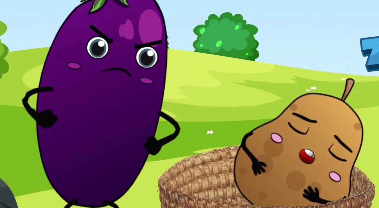 a purple eggplant is staring at potato who is sleeping in basket 