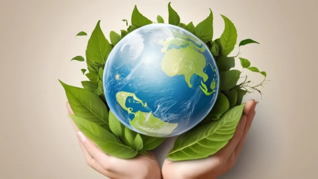 two hands holding a globe with green leaves around it