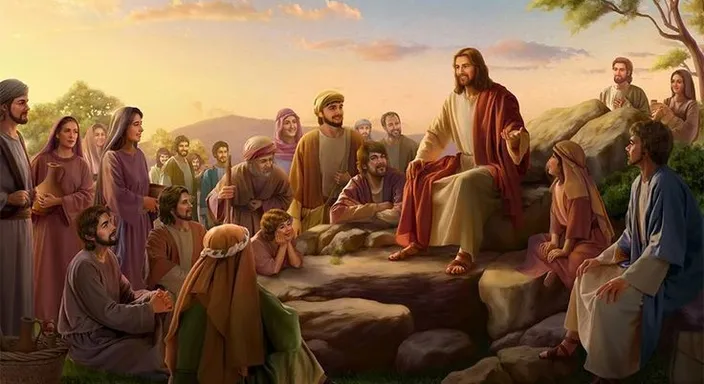 a painting of jesus talking to a group of people