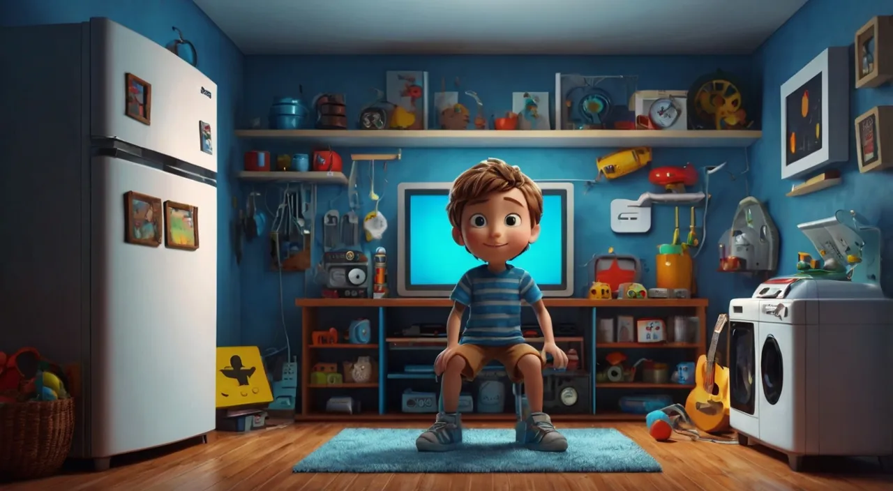 a boy sitting on a rug in a blue room