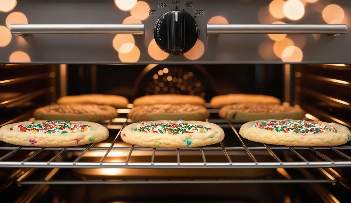 a close up of cookies baking in an oven