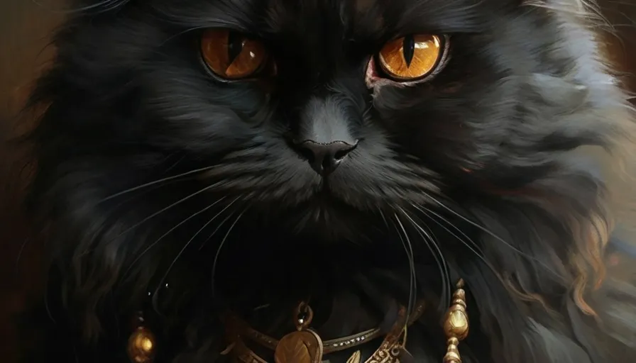 long shot of a black Persian cat with yellow eyes, 16:9