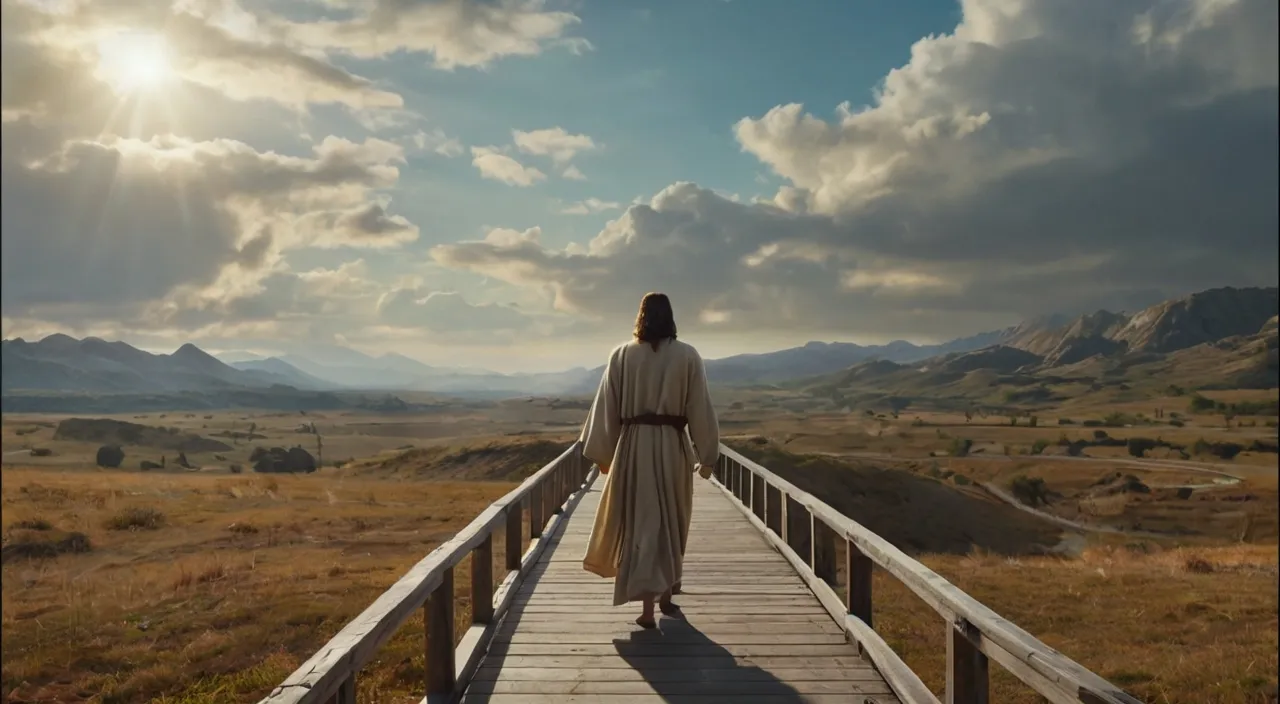 a person standing on a bridge in the middle of a field