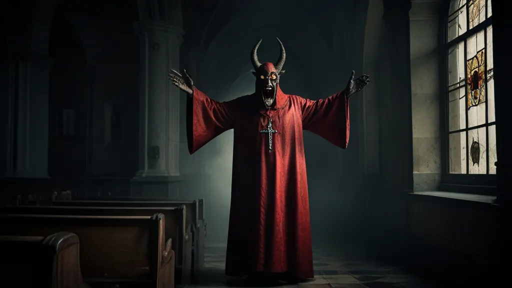 a demon in a red robe standing in front of a window