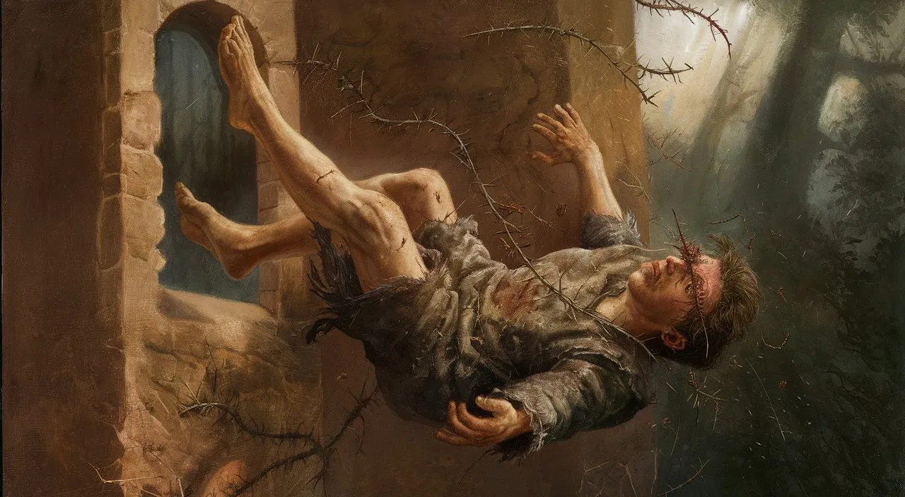 a painting of a man hanging upside down