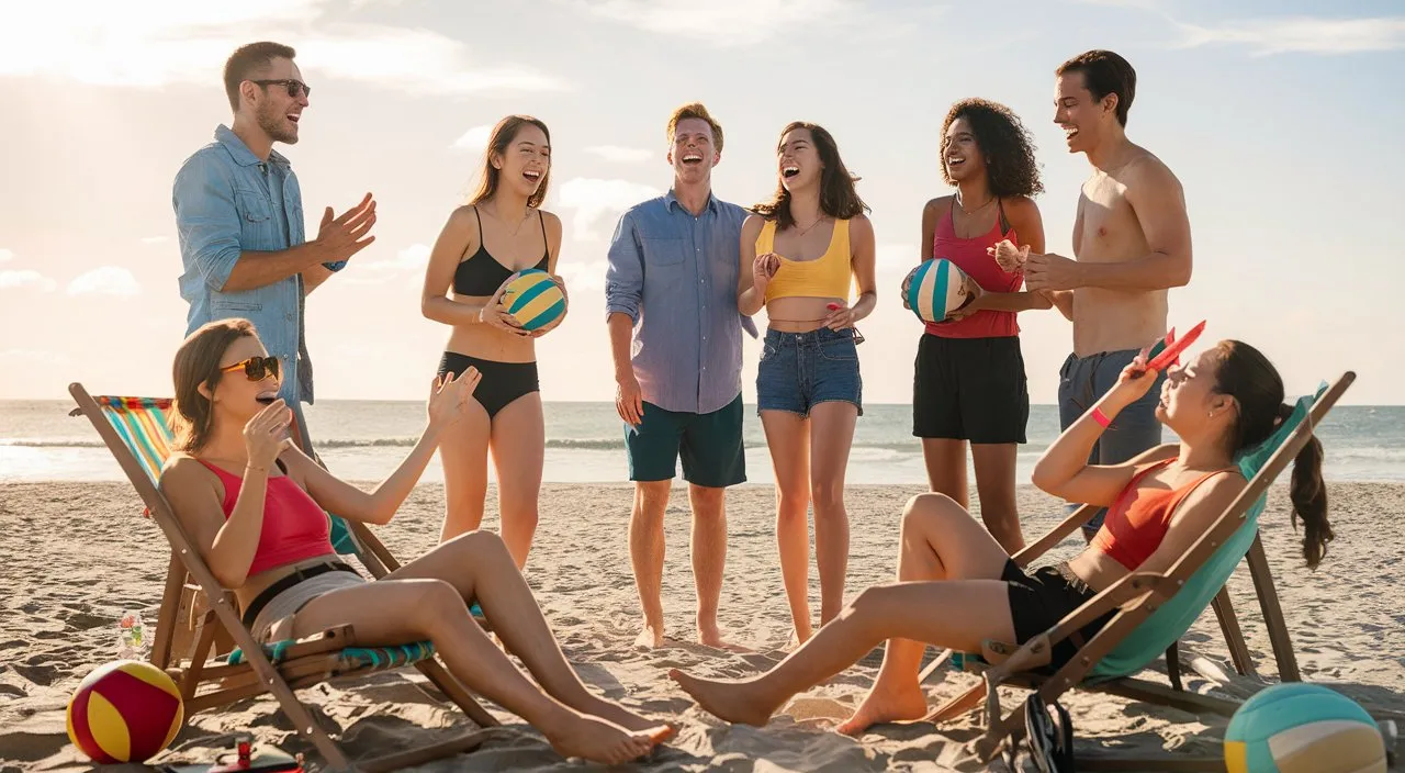 a group of people standing and sitting on top of a beach