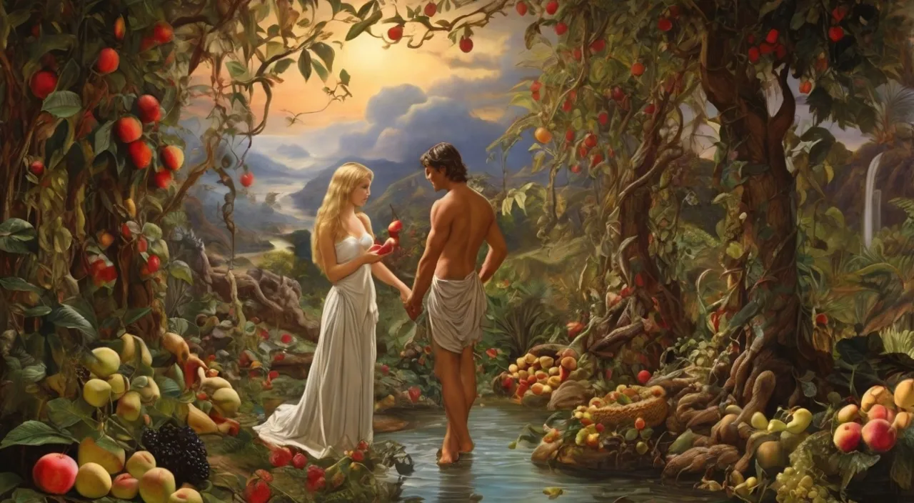 a painting of a man and a woman in a forest