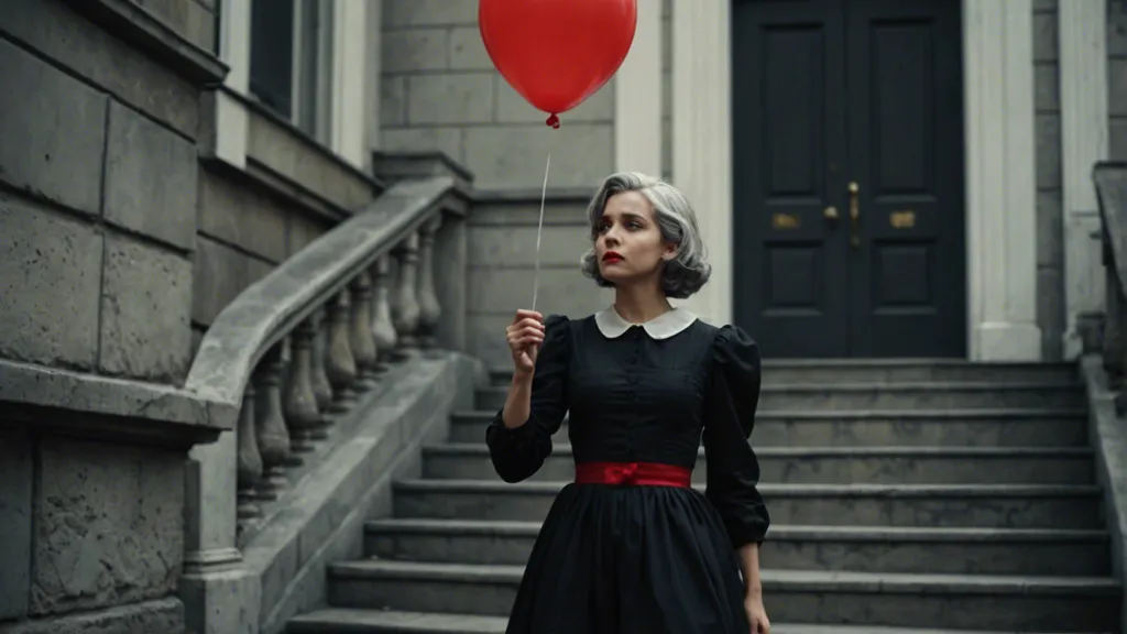 a woman in a black dress walking downstairs holding a red balloon