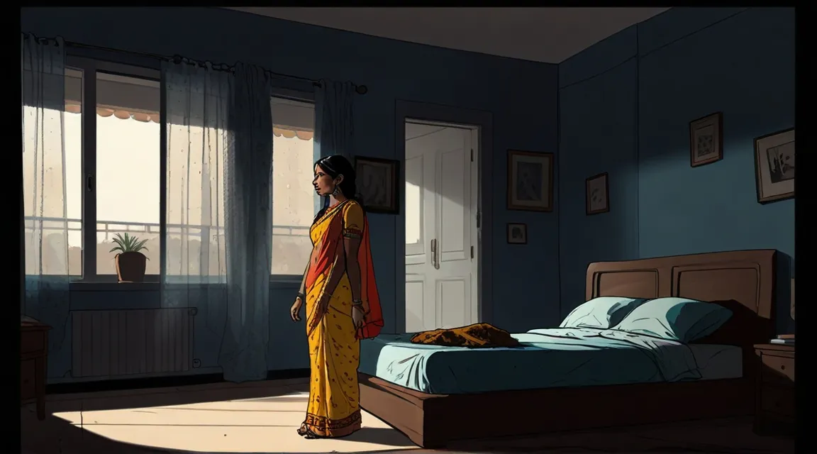 a woman in a yellow sari standing in a bedroom