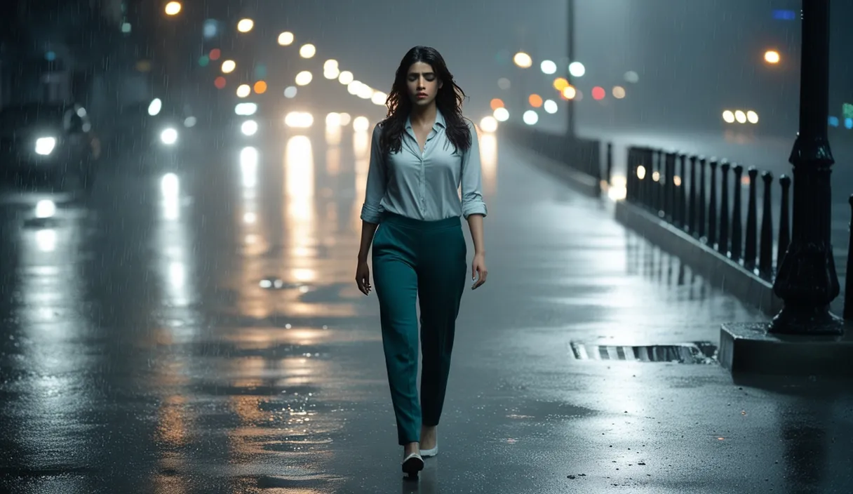 A lone Pakistani woman in a modern outfit of pants and a shirt walks down a deserted street, tears blurring the city lights in the rain-slicked 8K vista. The emptiness of the street echoes the absence of her boyfriend after their recent breakup.

