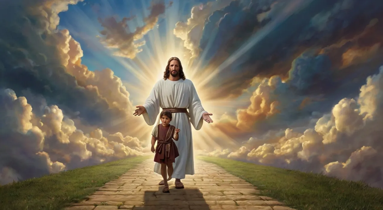 a painting of jesus walking down a path with a child