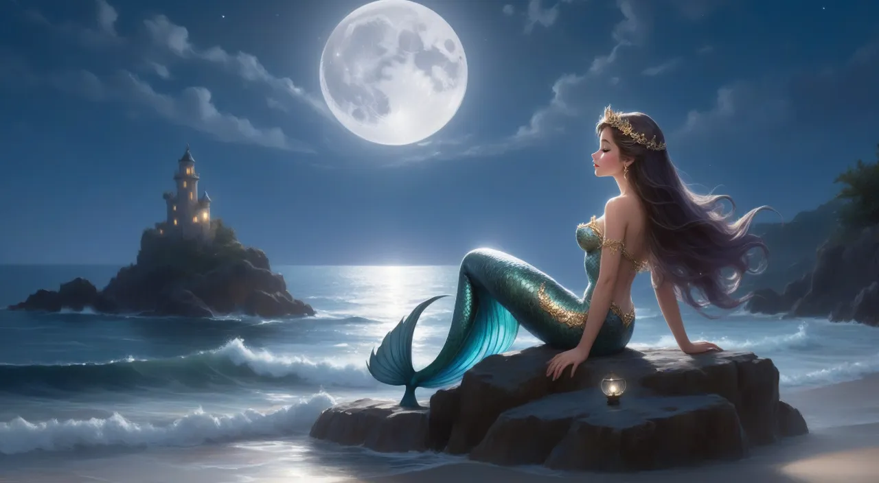 a painting of a mermaid sitting on a rock