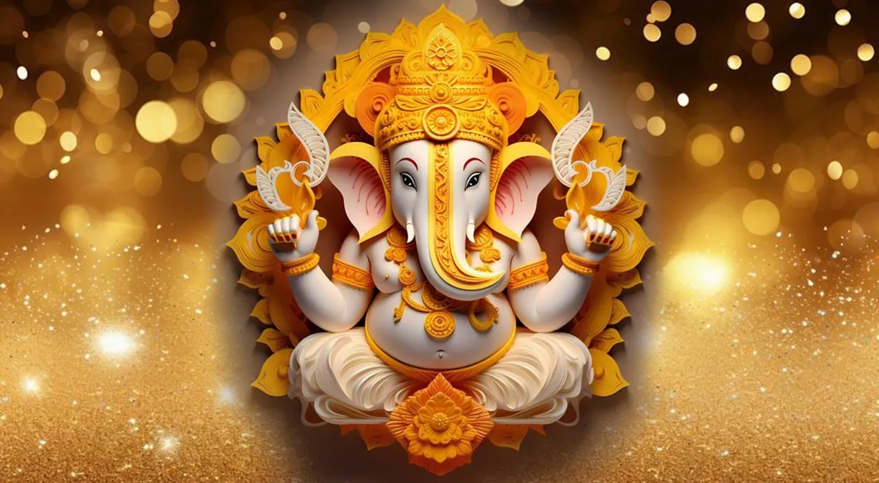 Create god ganesh with golden background, 8k, size of 1920x1080, colorful
