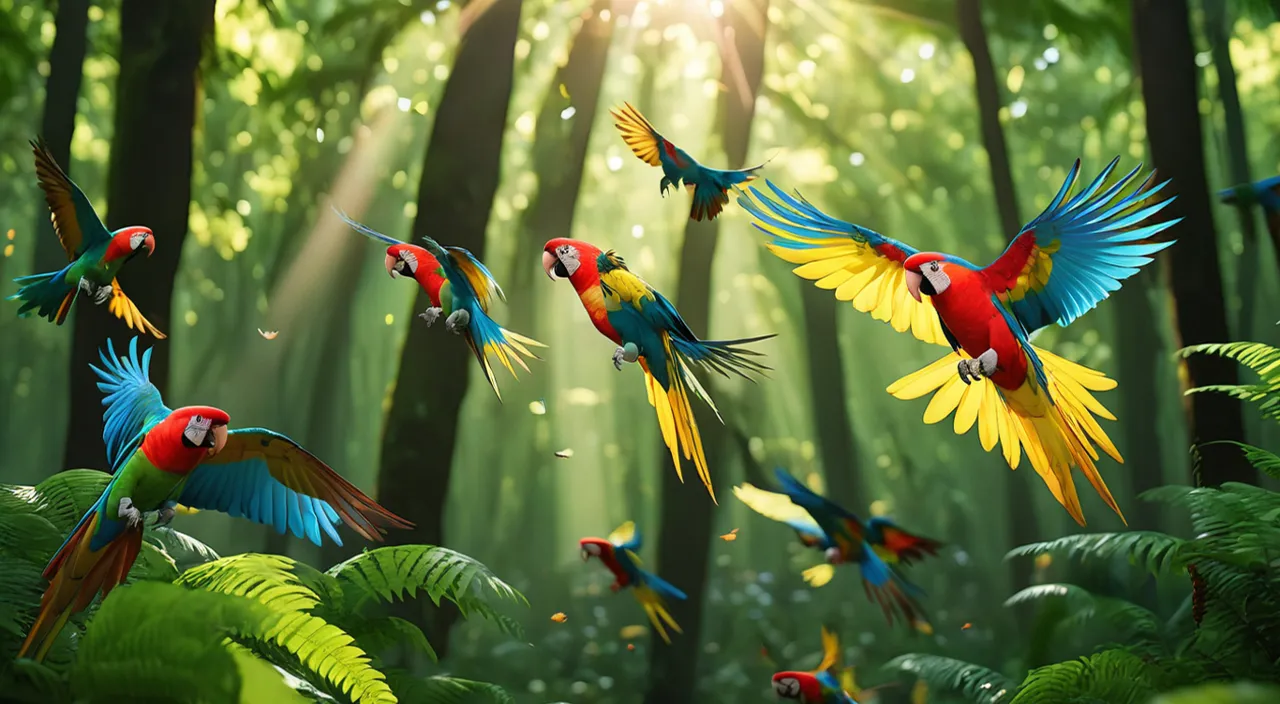 a group of colorful birds flying through a forest