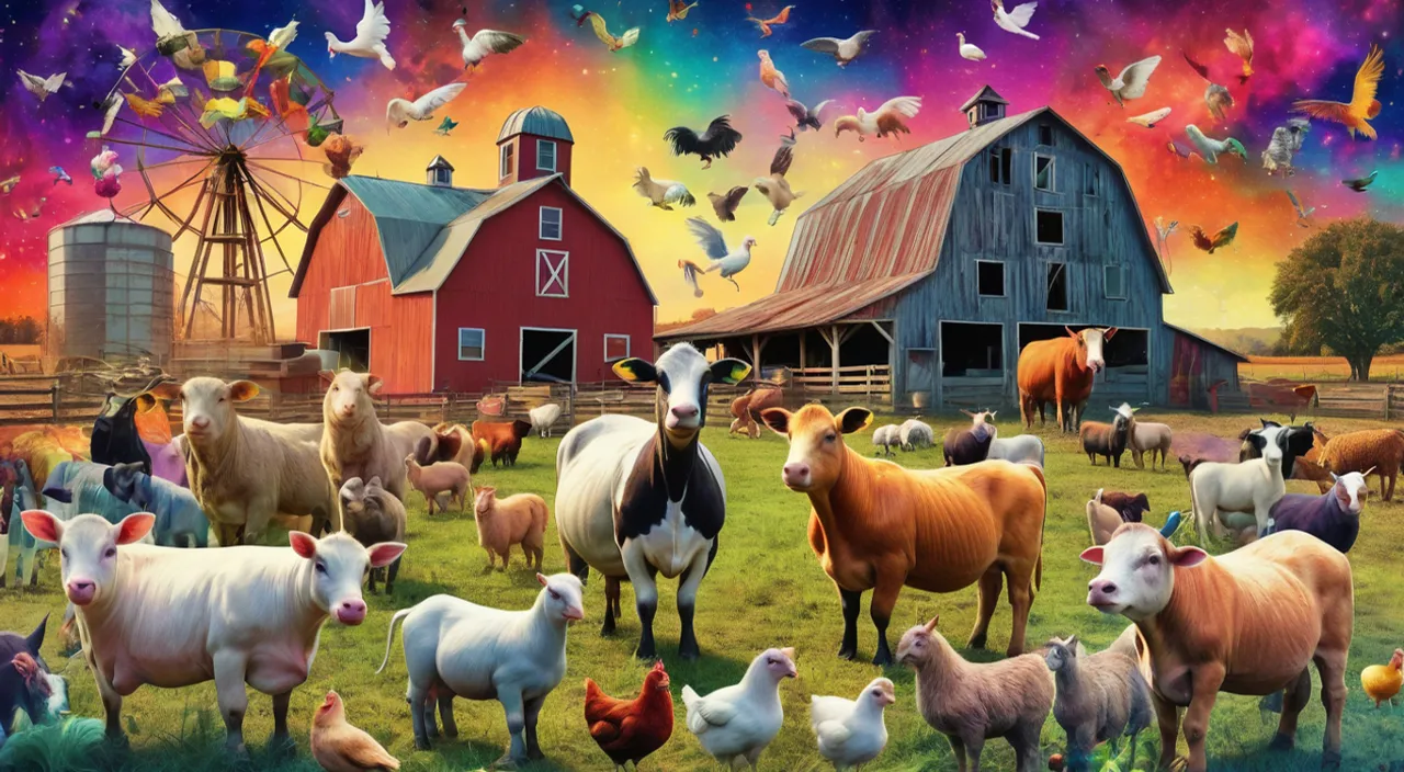 a painting of a farm scene with cows and birds