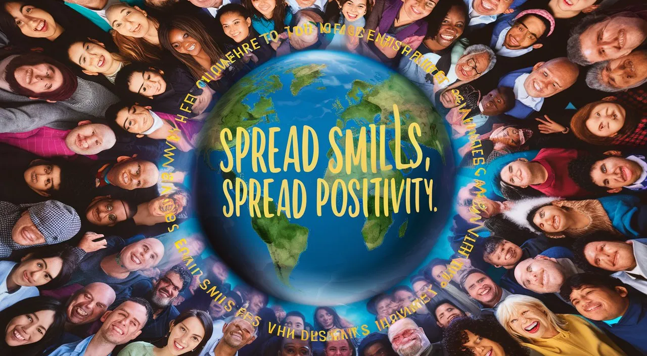 a group of people standing around a globe with the words spread smiles, spread po