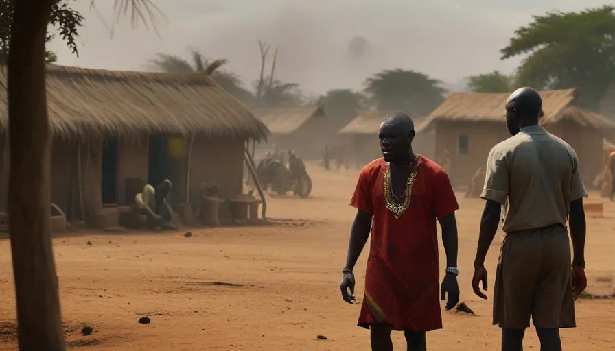 a couple of men standing on top of a dirt field