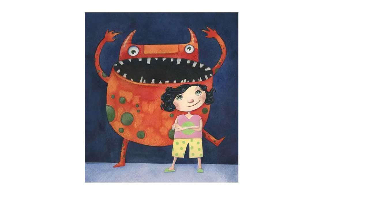 a painting of a girl standing in front of a monster