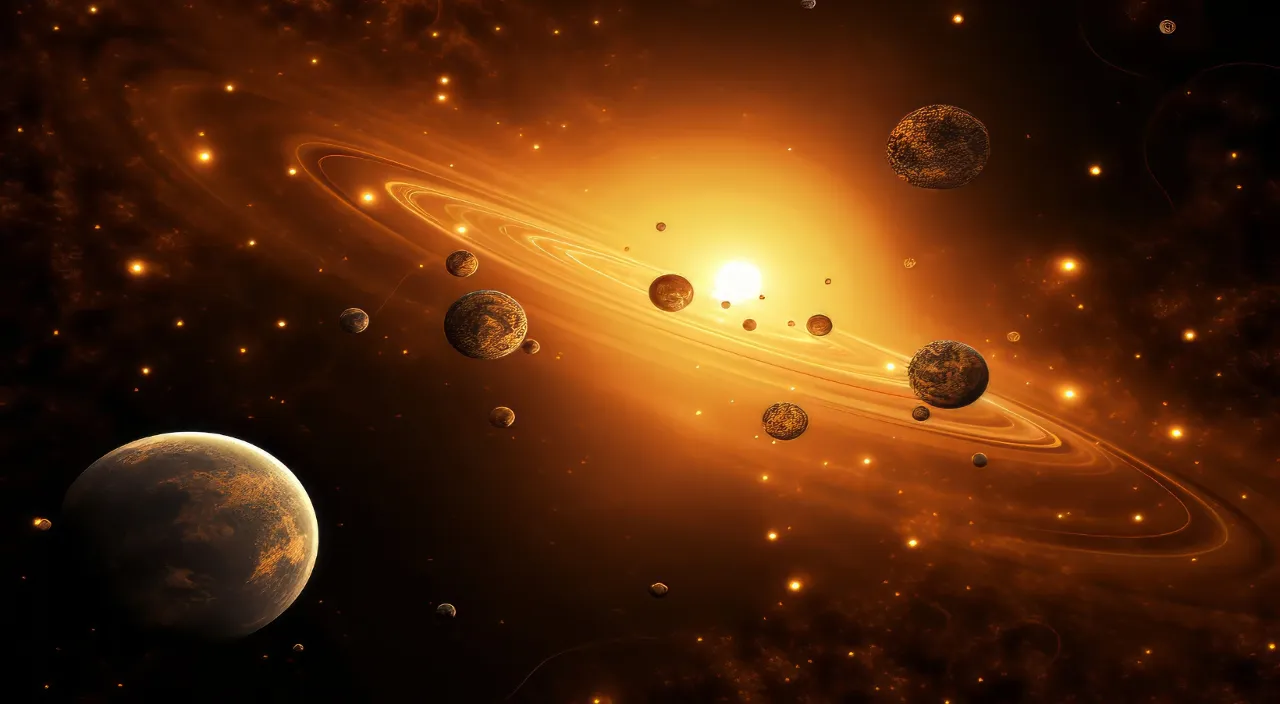 an artist's rendering of a solar system with planets in the foreground