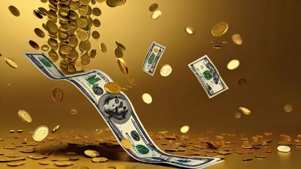 Create a Falling Money with golden background, 8k, size of 1920x1080, colorful