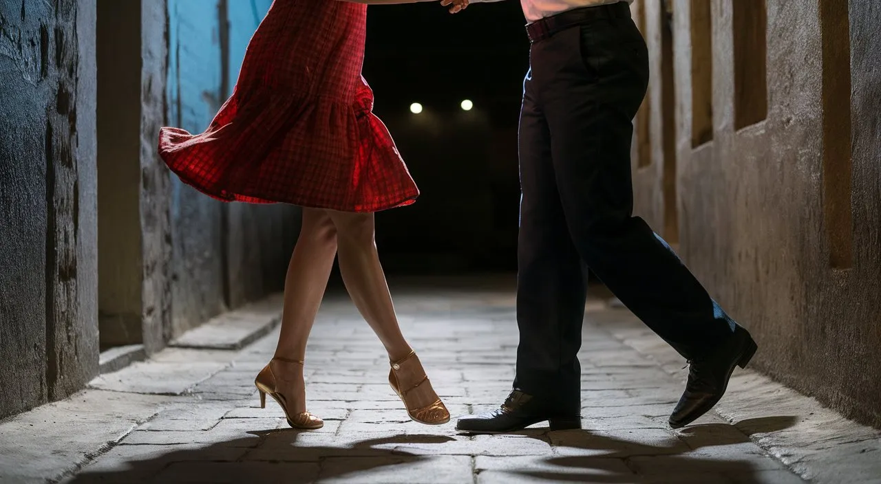 The woman and man ' feet dancing together in rhythm as they move through dimly lit alleys.