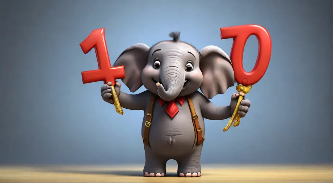 a small elephant holding a red number and a pair of scissors