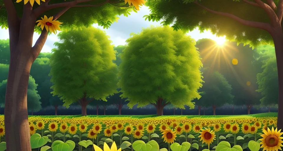 a painting of a sunflower field with trees