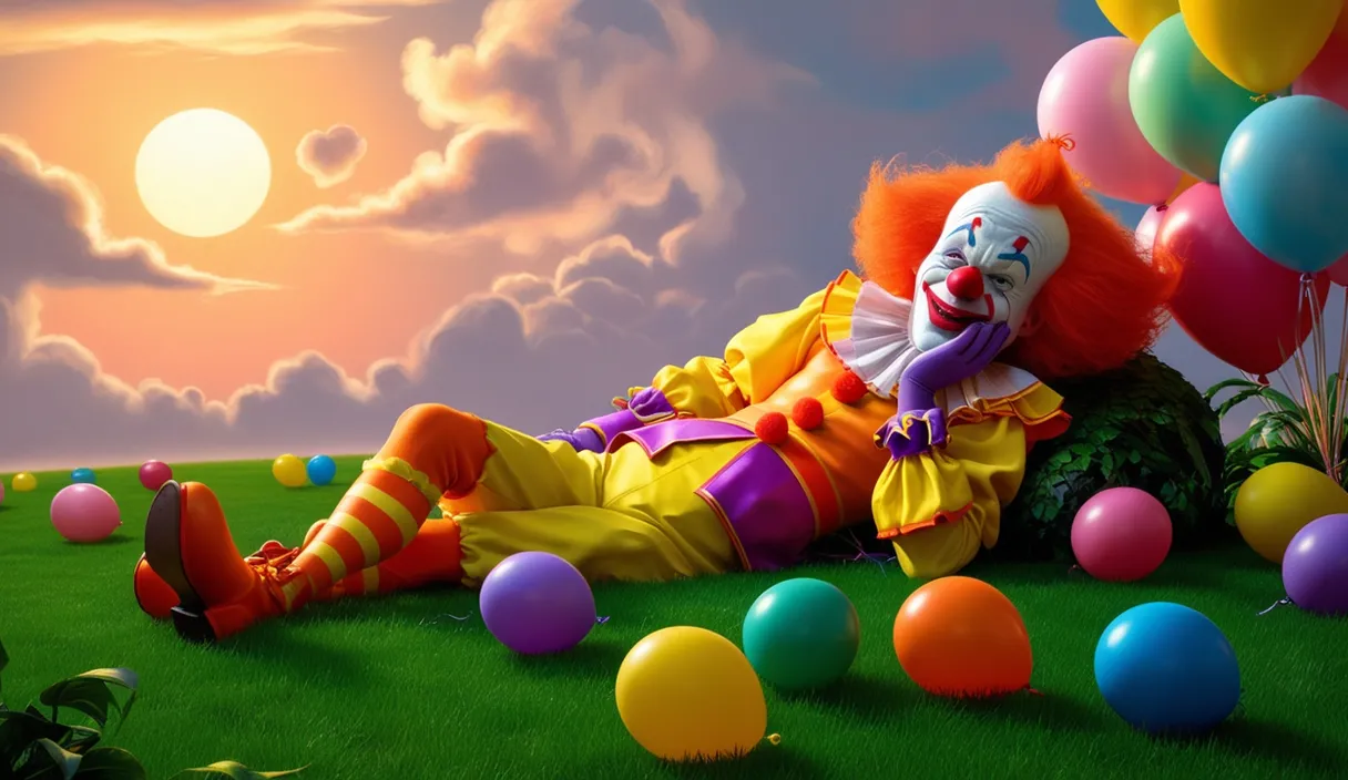 a clown laying on the ground surrounded by balloons