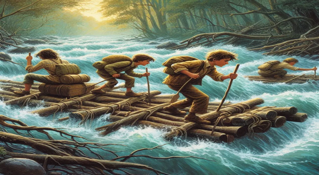 a painting of a group of people crossing a river