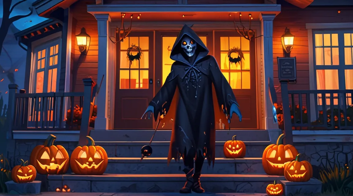 a halloween scene with a skeleton in front of a house