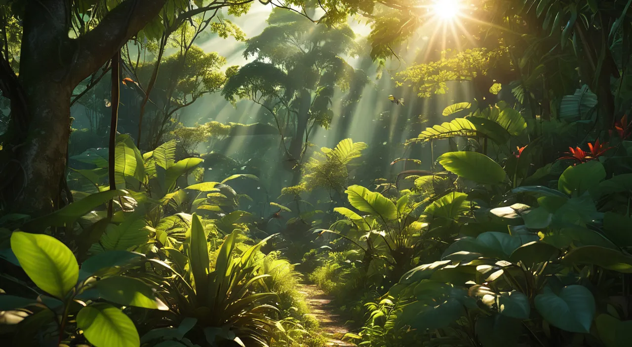 the sun shines through the trees in the jungle