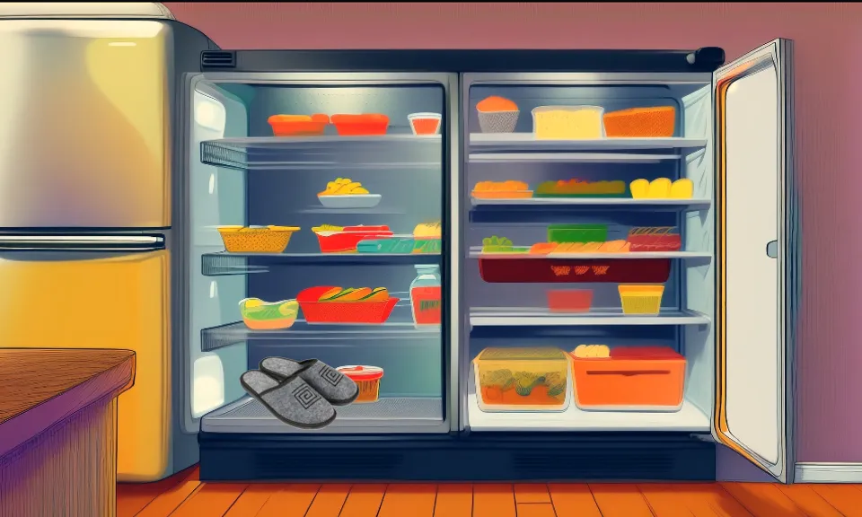 comic cartoon movie details of an open refrigerator, between the butter and milk are black house slippers, it is color drawn like a comic in HD high resolution