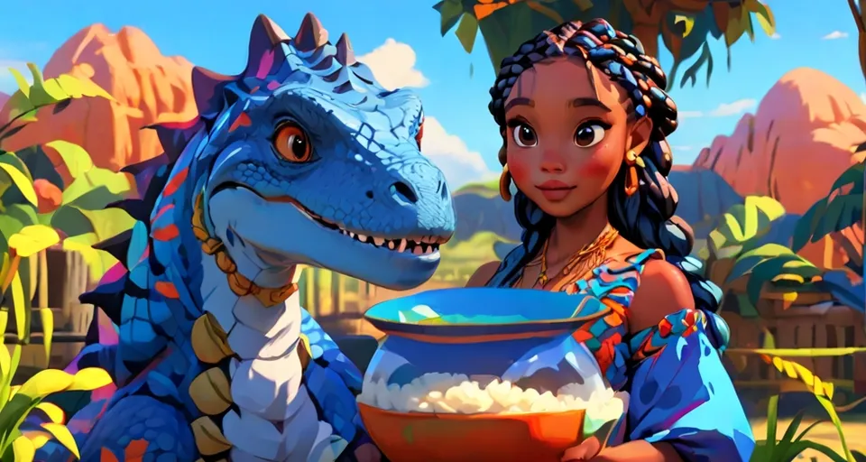 a young girl holding a bowl of rice next to a dragon