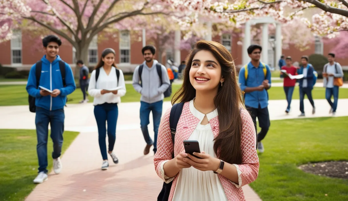 Campus Serenade: On a university campus, a Pakistani girl walking under a blossoming tree, a Bollywood song softly playing from her phone. The 4K wide shot captures students walking by and studying, but her smile and dreamy gaze reveal she is thinking about her boyfriend, who is attending a university in the United States, lost in her own romantic world.