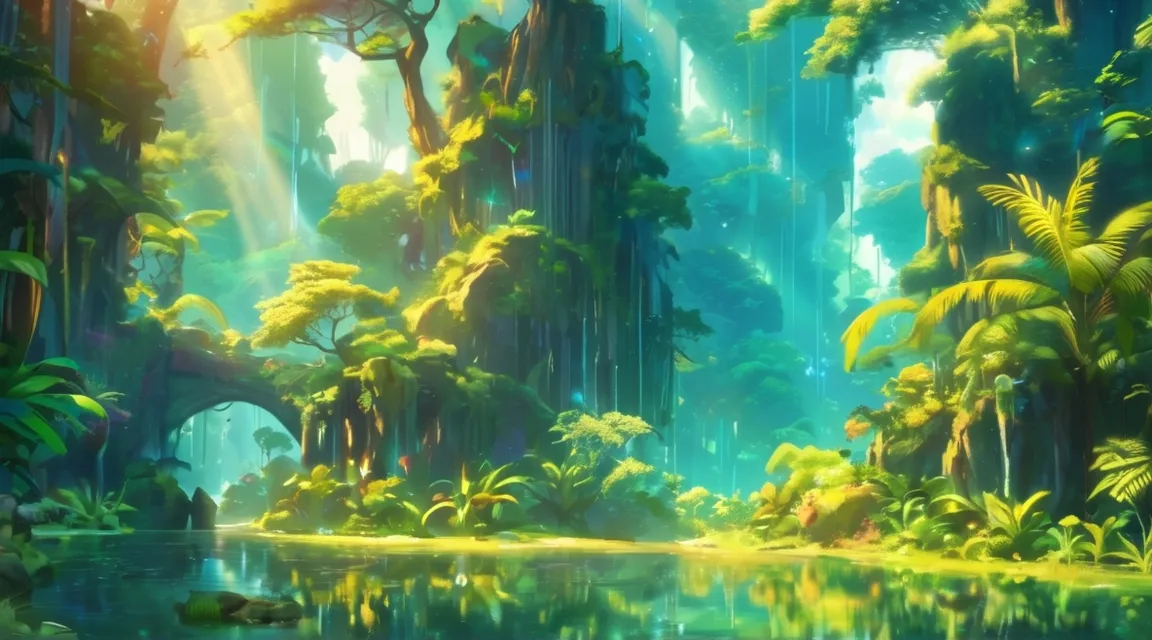 a jungle scene with trees and water