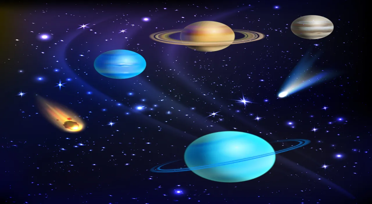 a solar system with planets and stars in the sky