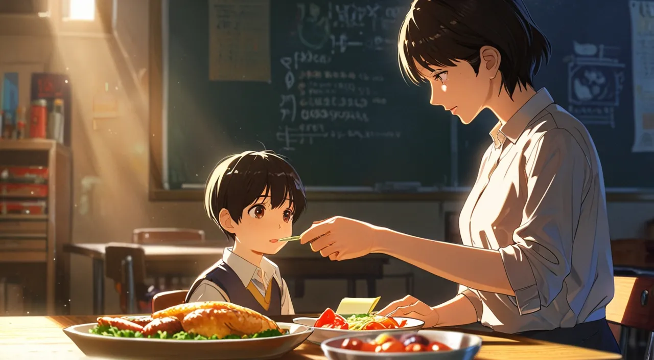 a boy and his mother sitting at a table with food in front of them