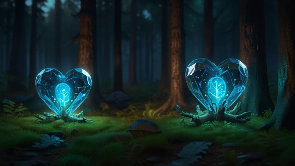 two glowing hearts in the middle of a forest